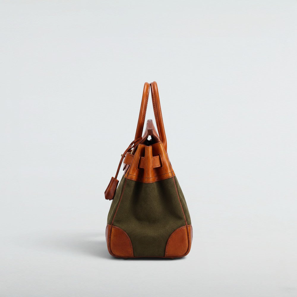 Bagulia Damascus travel bag, army green canvas, side profile with rolled leather handles