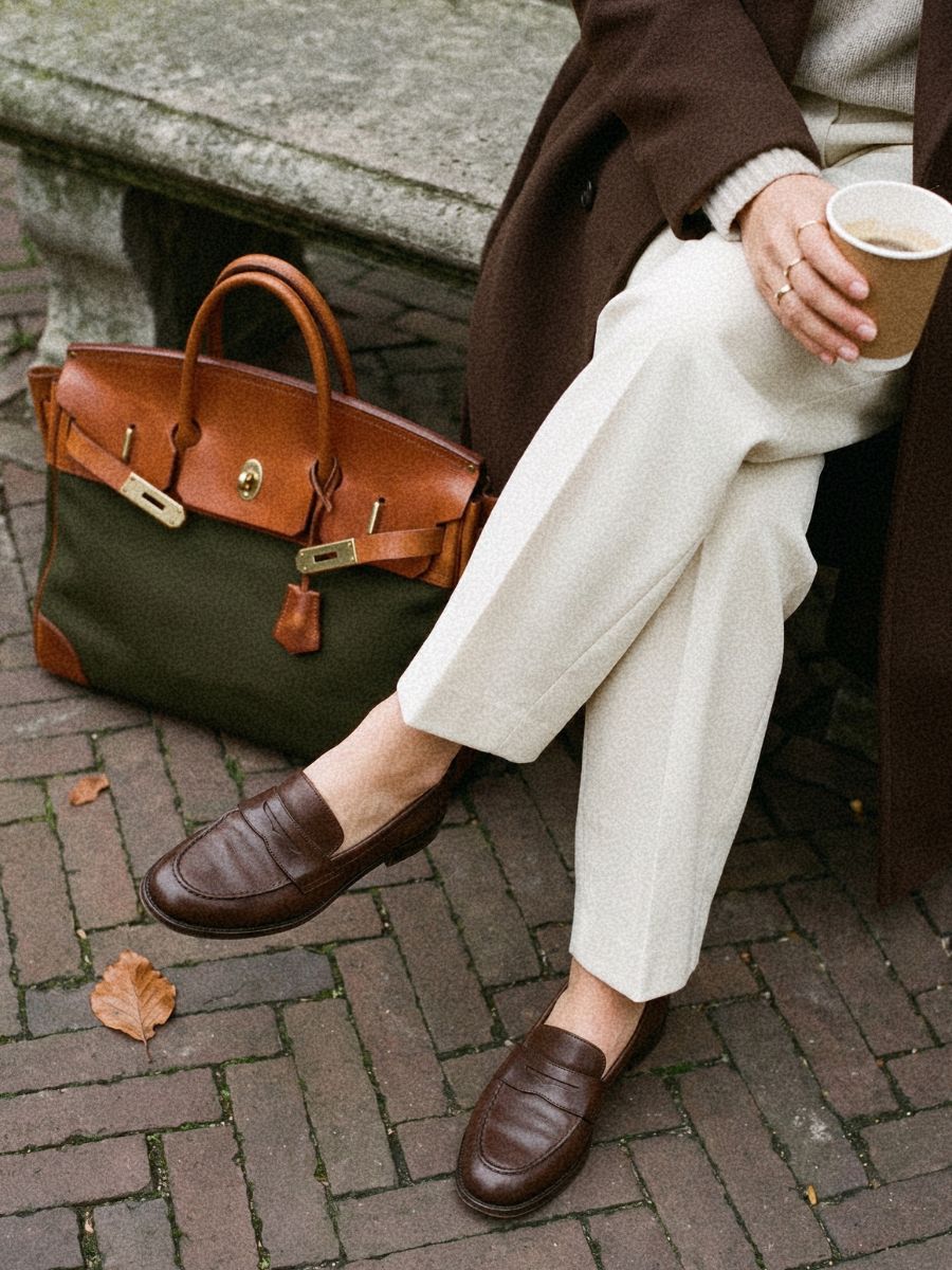 Bagulia Damascus travel bag, army green canvas, resting on a stone bench beside a coffee cup