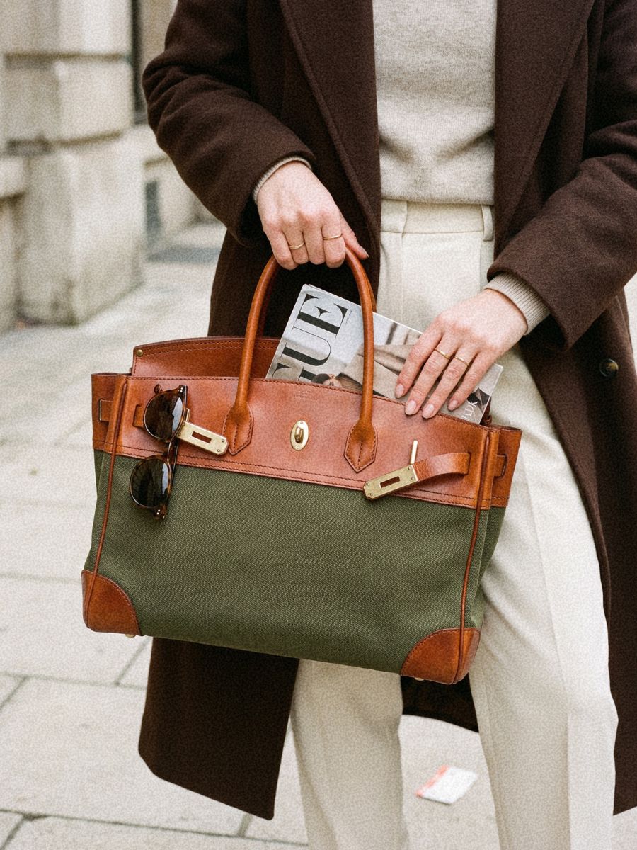 Bagulia Damascus travel bag, army green canvas, magazine tucked into the open top