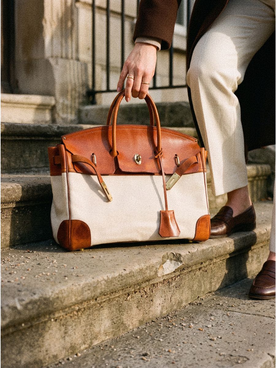 Bagulia Damascus travel bag, cream canvas, carried down stone steps by the leather handle