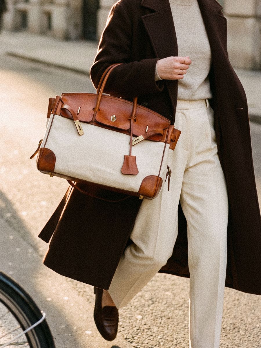 Bagulia Damascus travel bag, cream canvas, carried in the crook of the arm on a city street