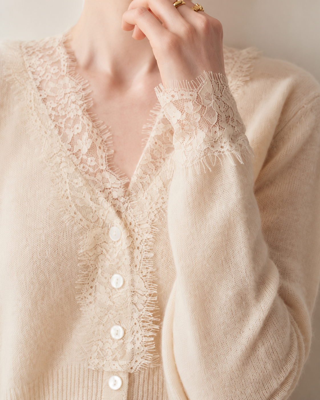 beige lace-trim cardigan, neckline and knit detail
