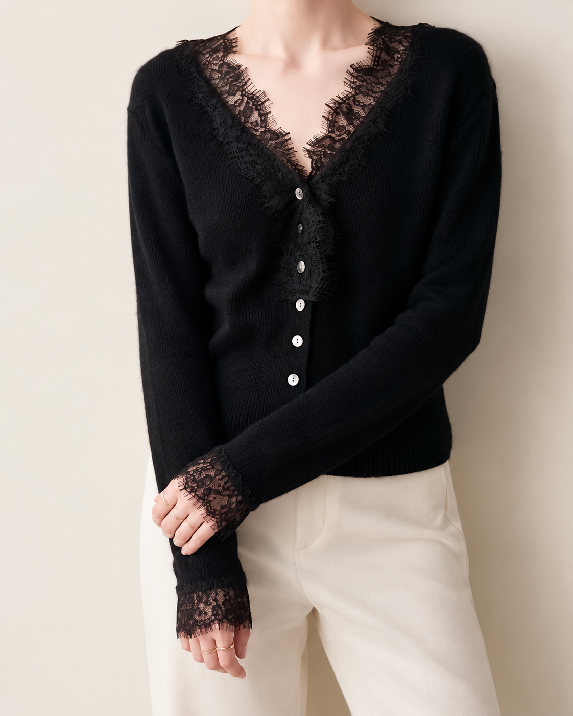 black lace-trim cardigan, cropped model view