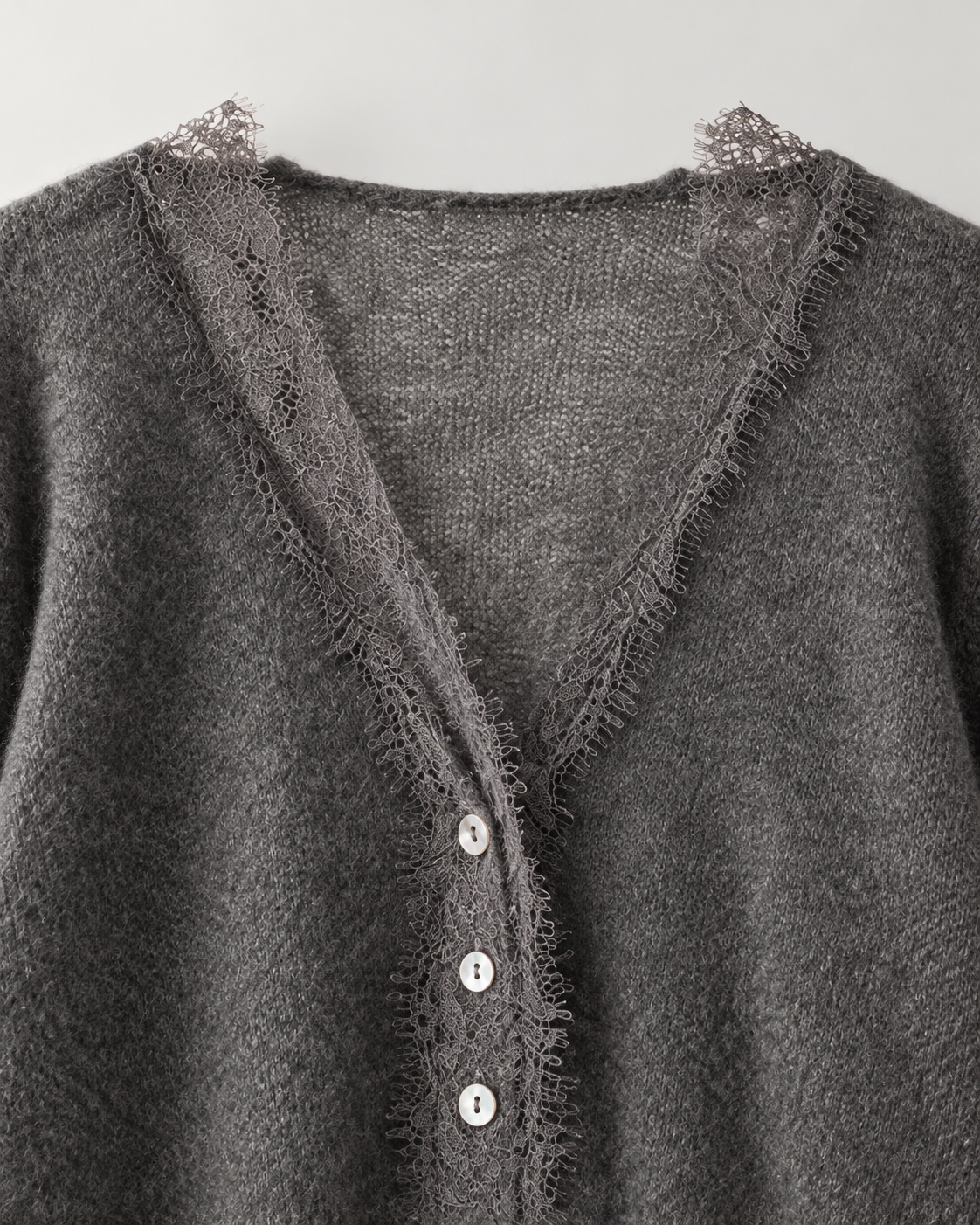 grey lace-trim cardigan, neckline and knit detail