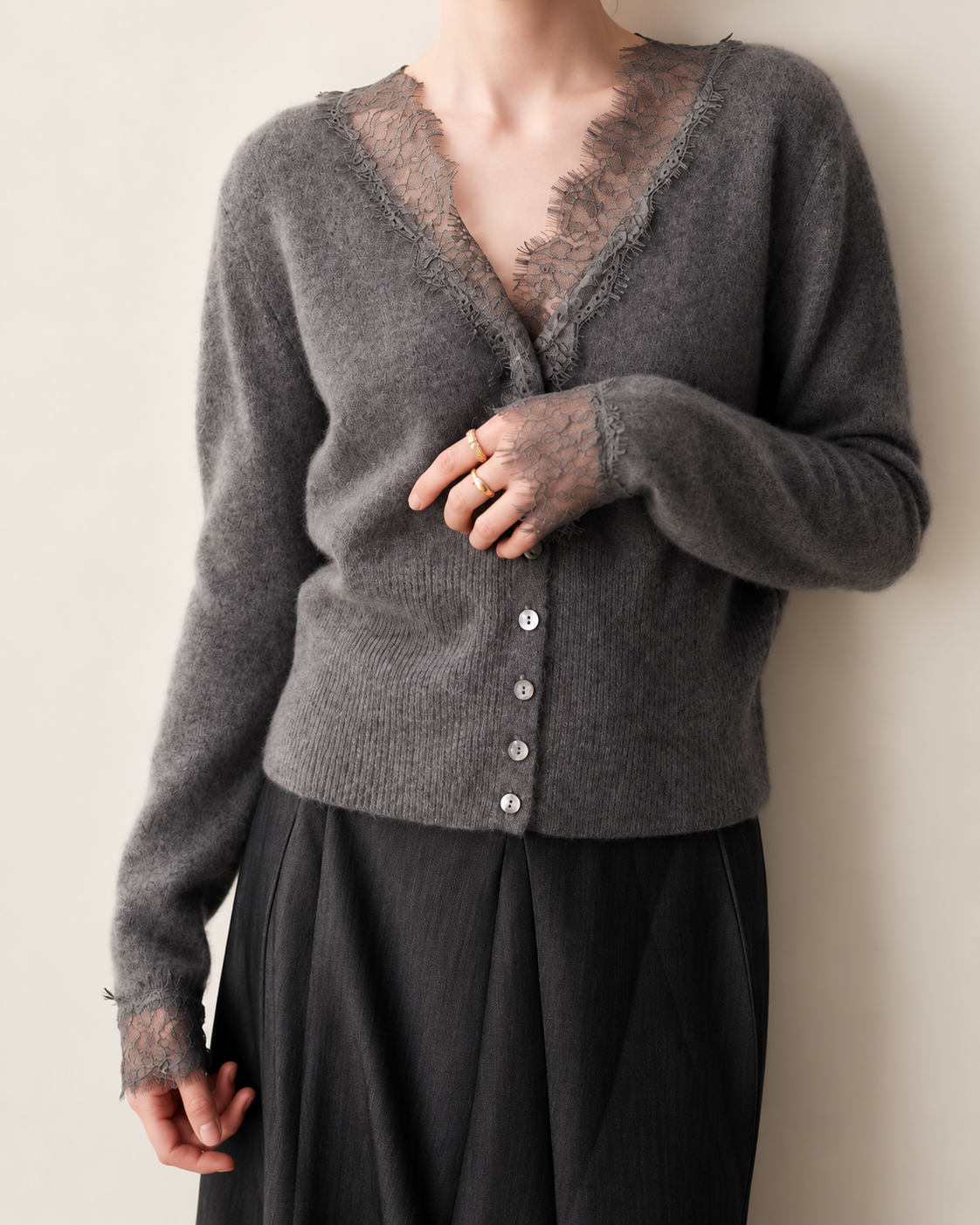 grey lace-trim cardigan, cropped model view