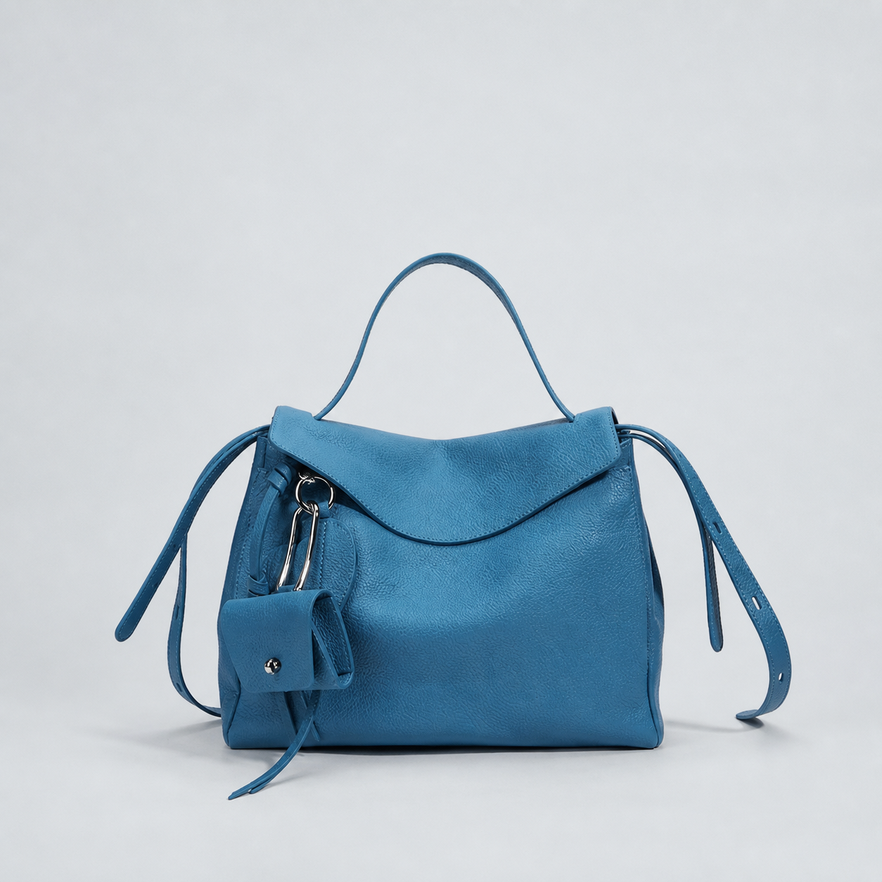Leyla diamond blue pebbled leather shoulder bag, front studio view