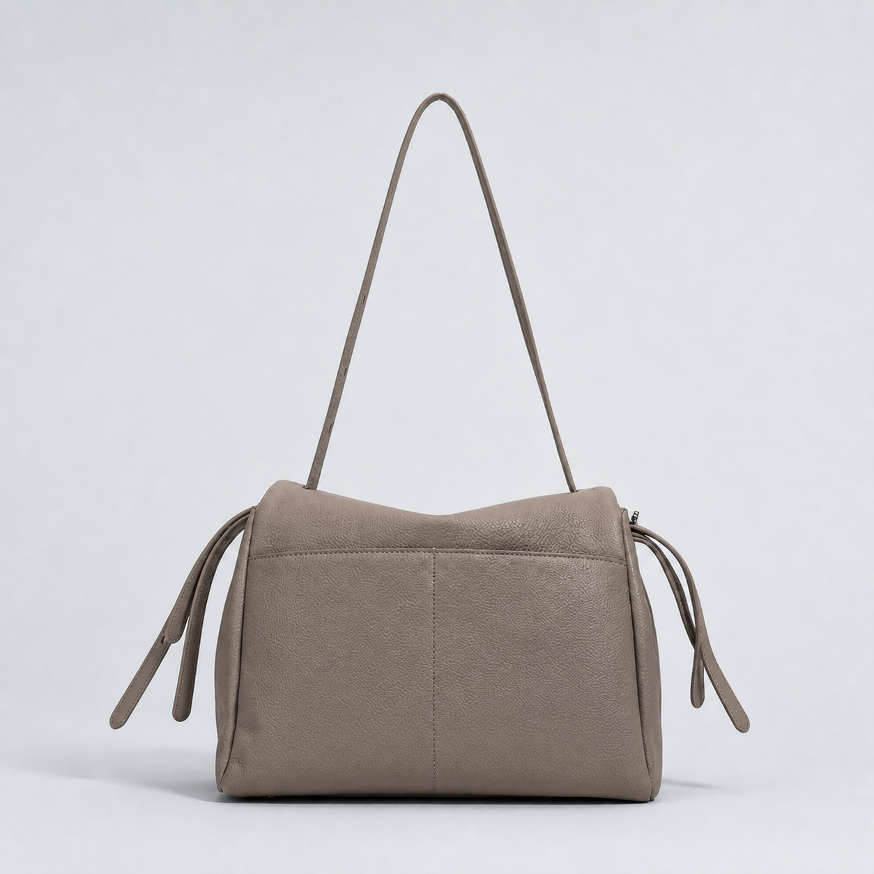 Leyla elephant grey pebbled leather shoulder bag, rear studio view