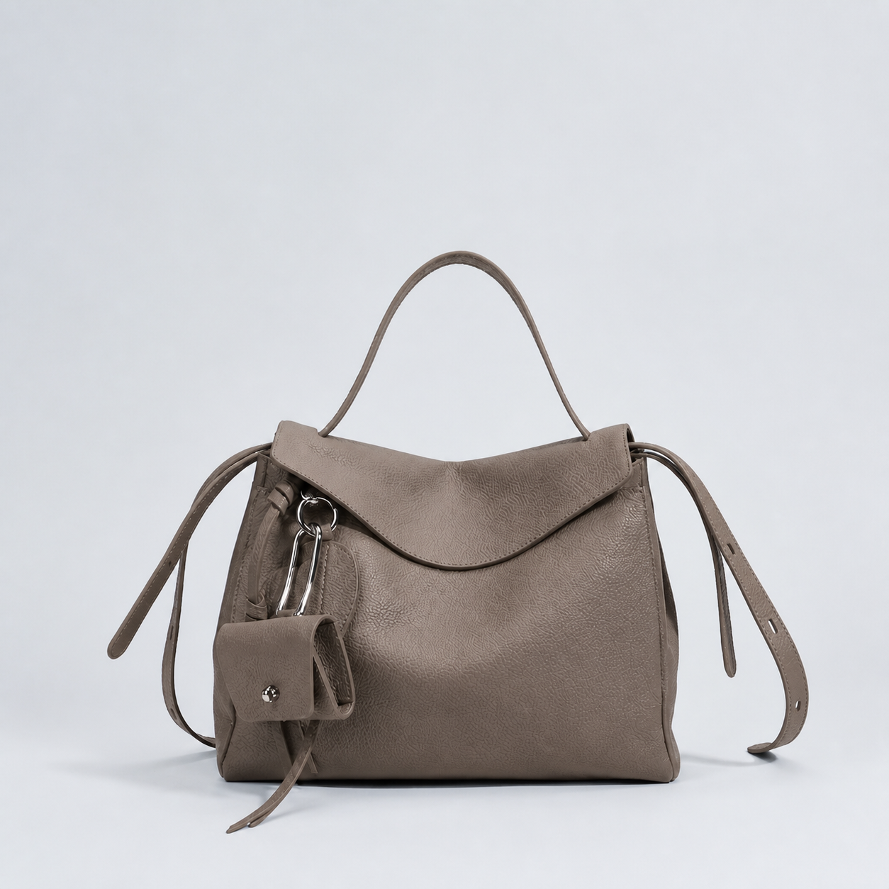 Leyla elephant grey pebbled leather shoulder bag, front studio view