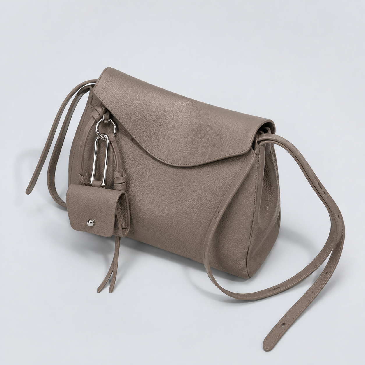 Leyla elephant grey pebbled leather shoulder bag, closed top-down studio view