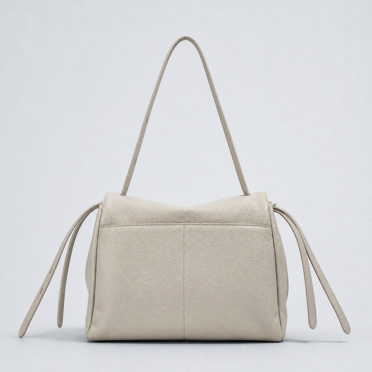 Leyla pearl grey pebbled leather shoulder bag, rear studio view