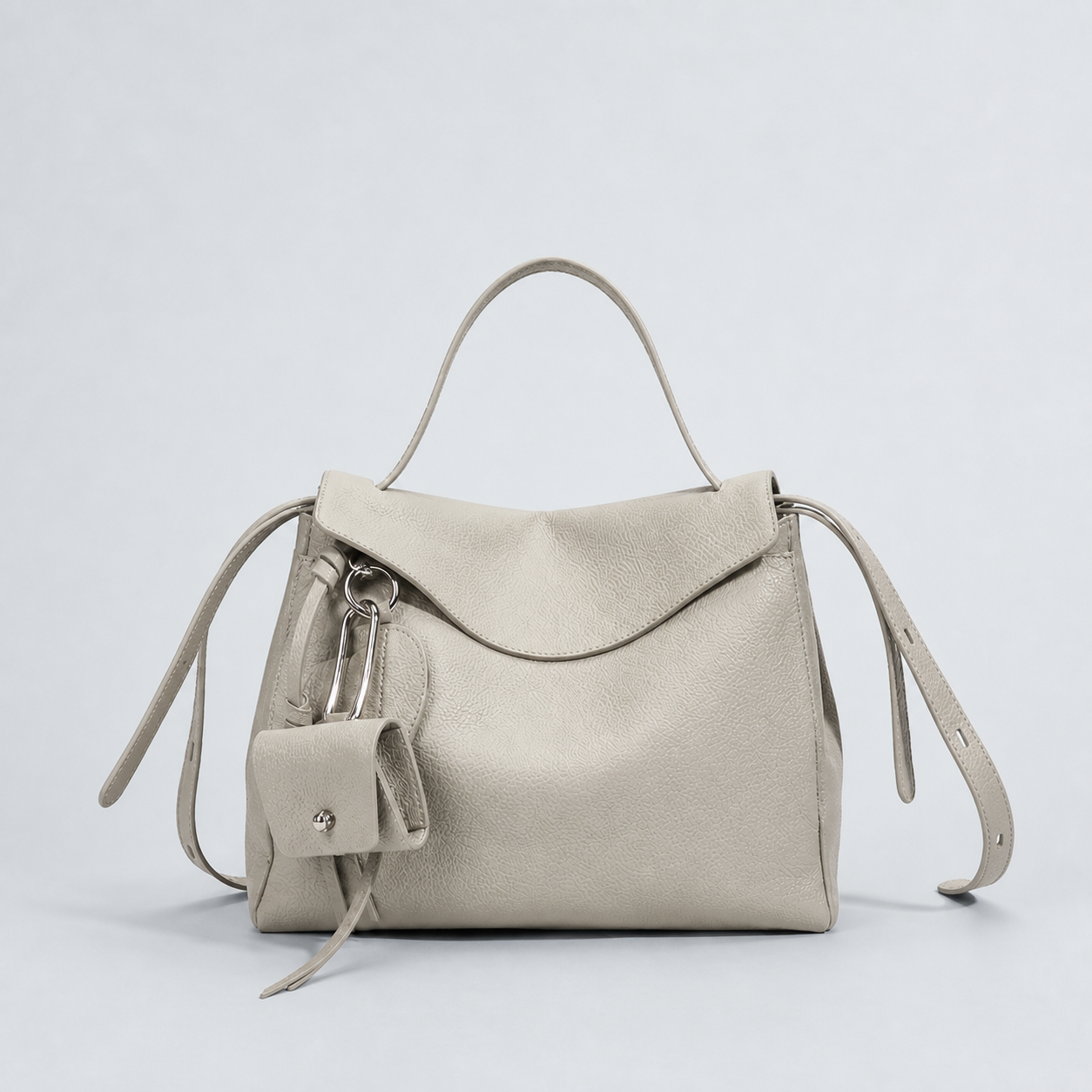 Leyla pearl grey pebbled leather shoulder bag, front studio view