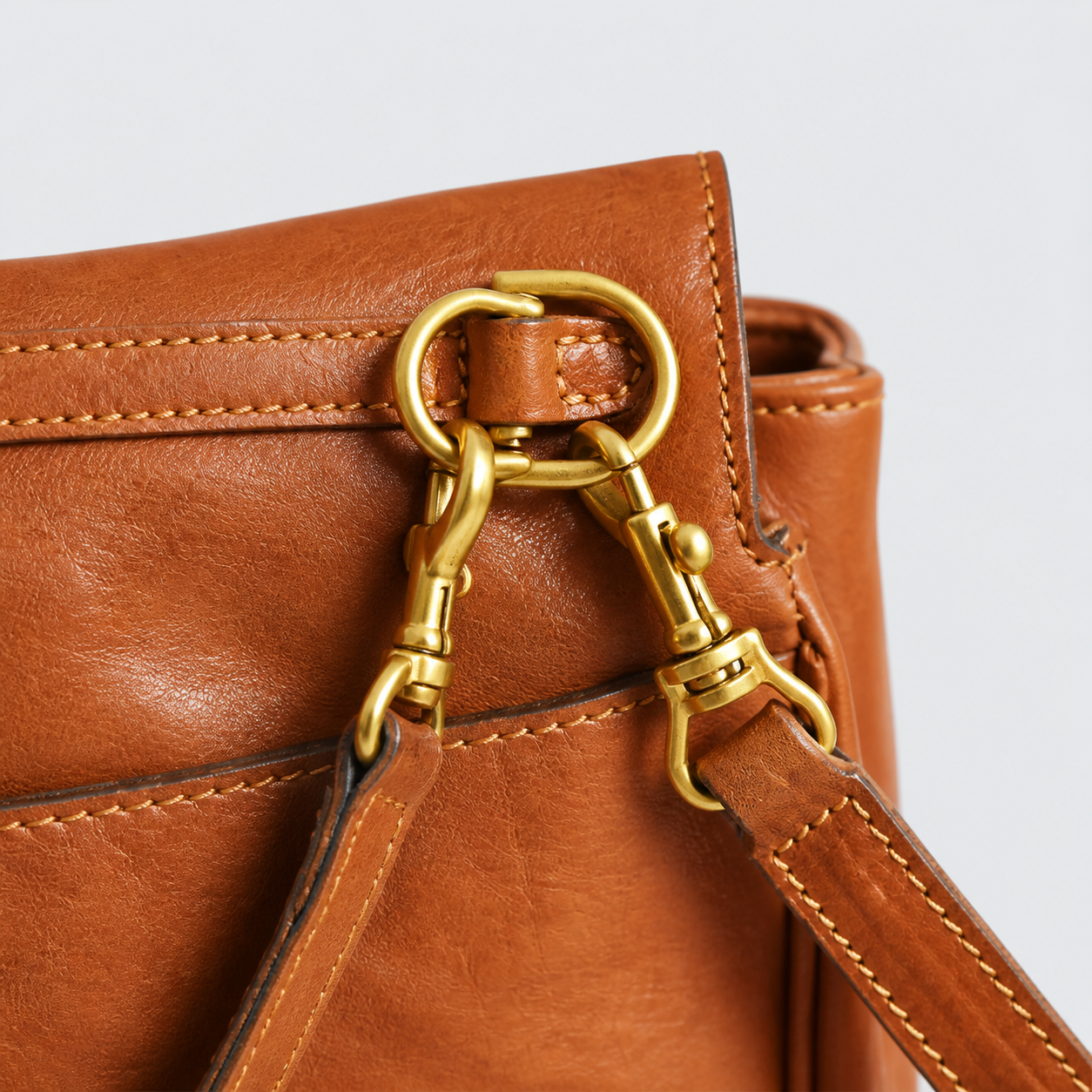 Bagulia Louve Locket Patina Bag in Cognac Brown with gold-tone strap attachment hardware