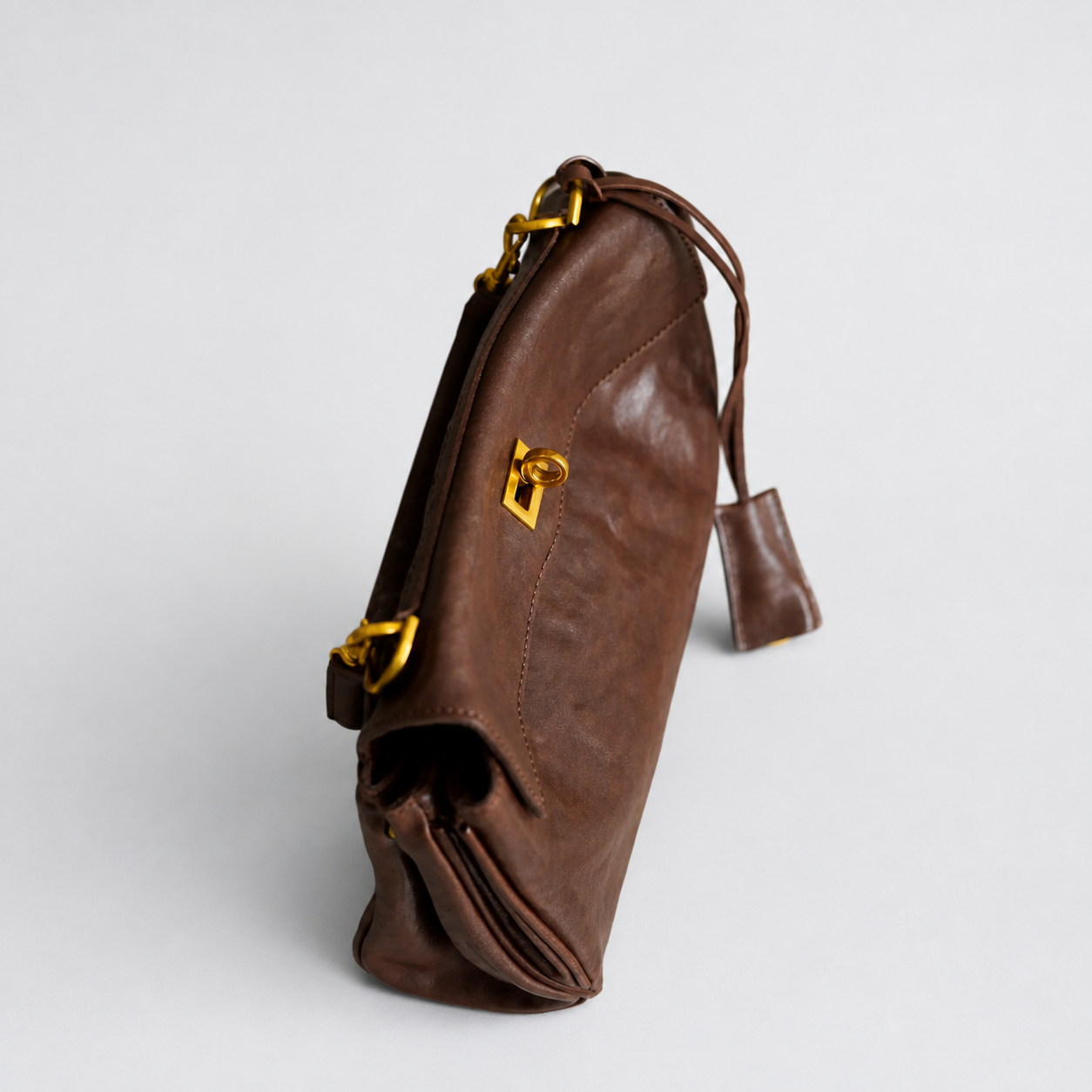 Bagulia Louve Locket Patina Bag in Espresso Brown vegetable-tanned leather, side view