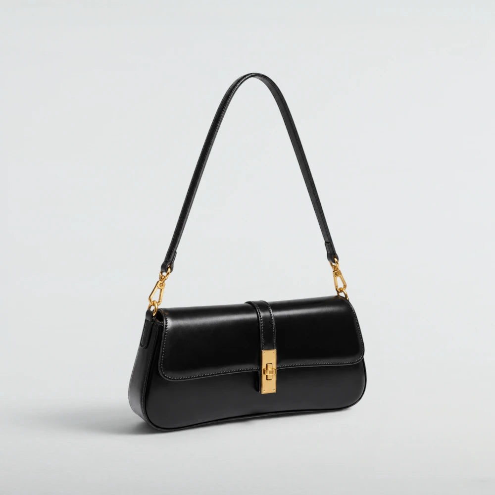 Bagulia Luciana black cowhide leather shoulder bag, three-quarter view