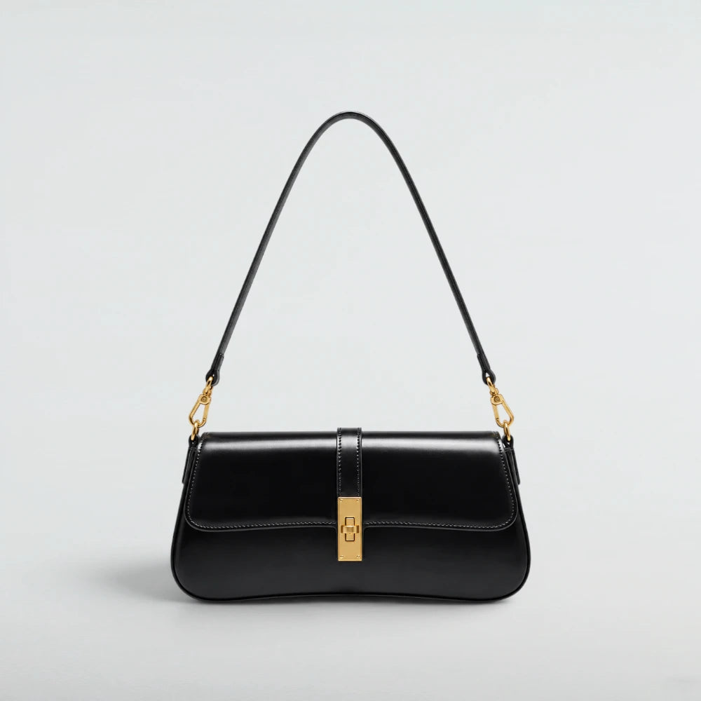 Bagulia Luciana black cowhide leather shoulder bag, front view
