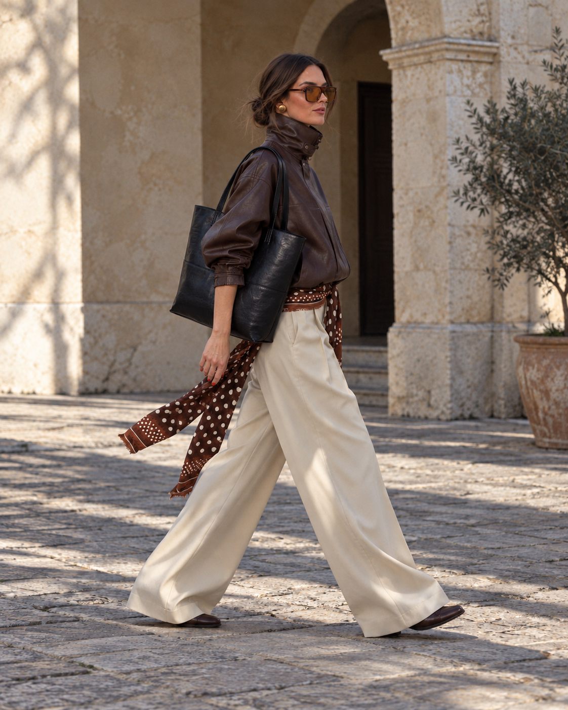 Bagulia Marielle Black tote worn on the shoulder by a model, crossing courtyard.