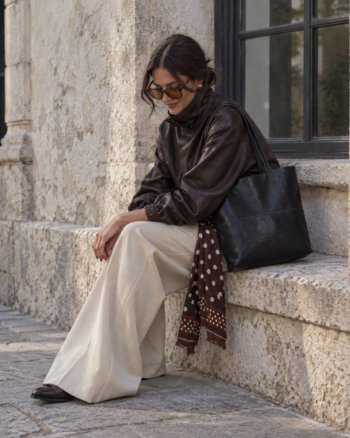 Bagulia Marielle Black tote worn on the shoulder by a model, seated ledge.