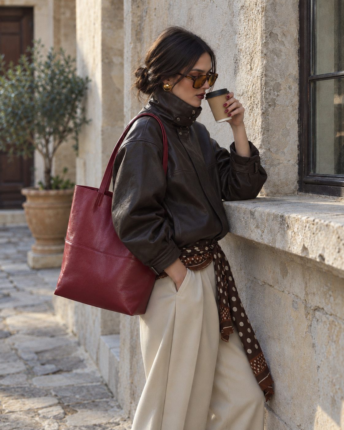 Bagulia Marielle Cherry Red tote worn on the shoulder by a model, coffee pause.