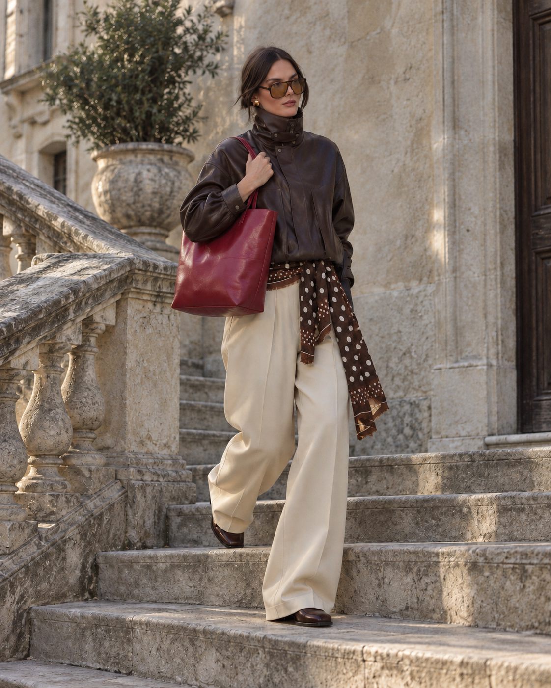 Bagulia Marielle Cherry Red tote worn on the shoulder by a model, stone steps.