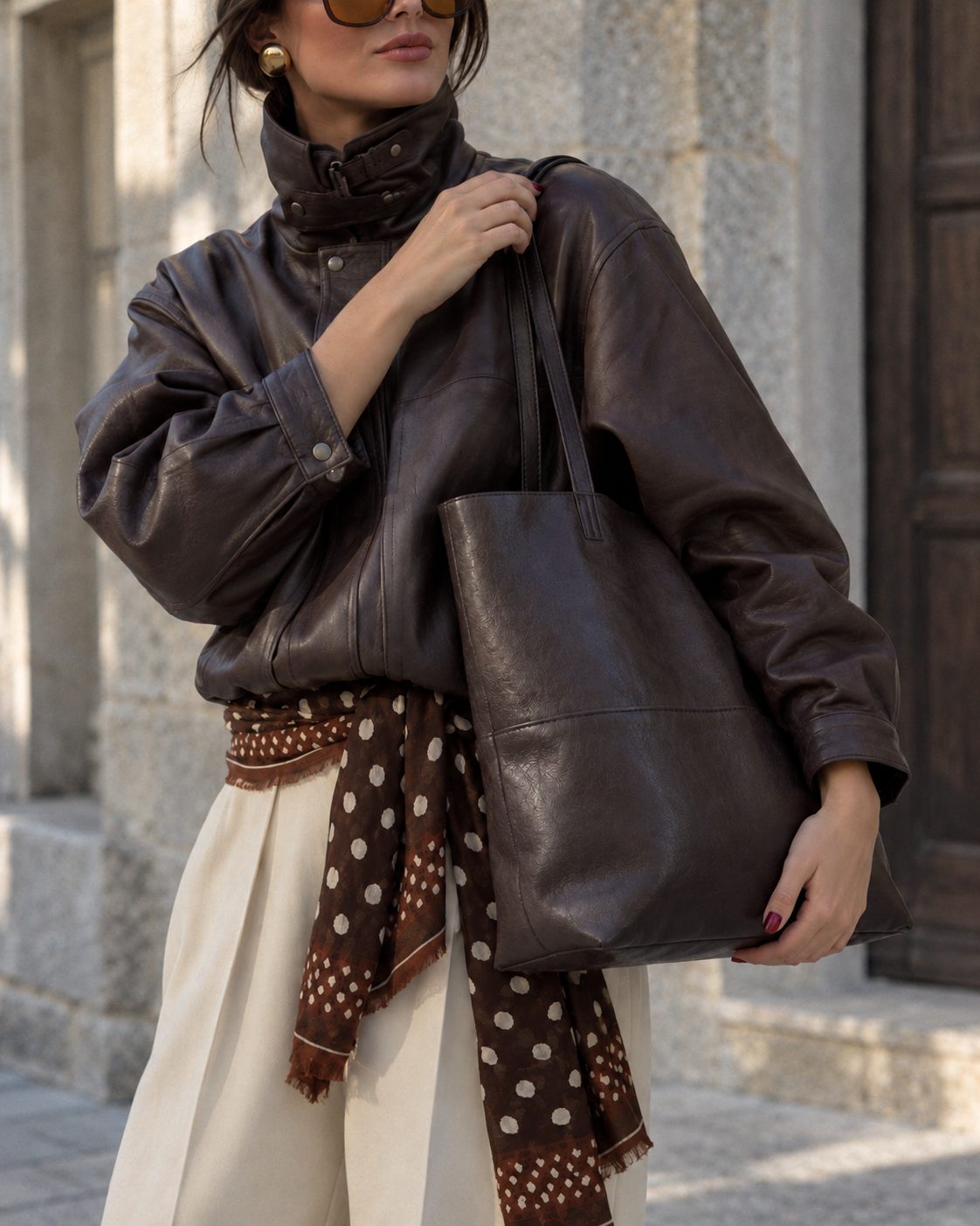 Bagulia Marielle Dark Brown tote worn on the shoulder by a model, strap adjustment.