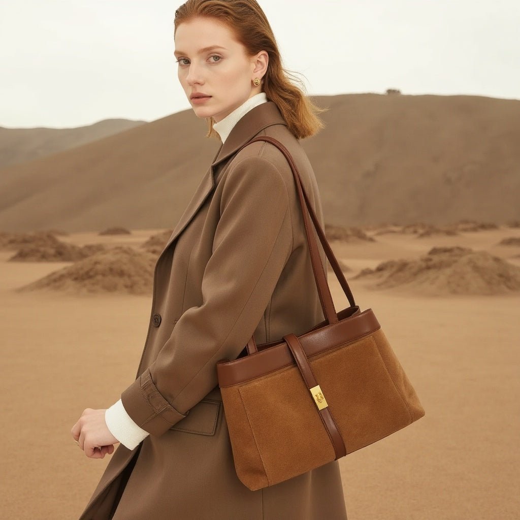 Model in a camel coat in a desert landscape with the Golden Sahara Tote Bag