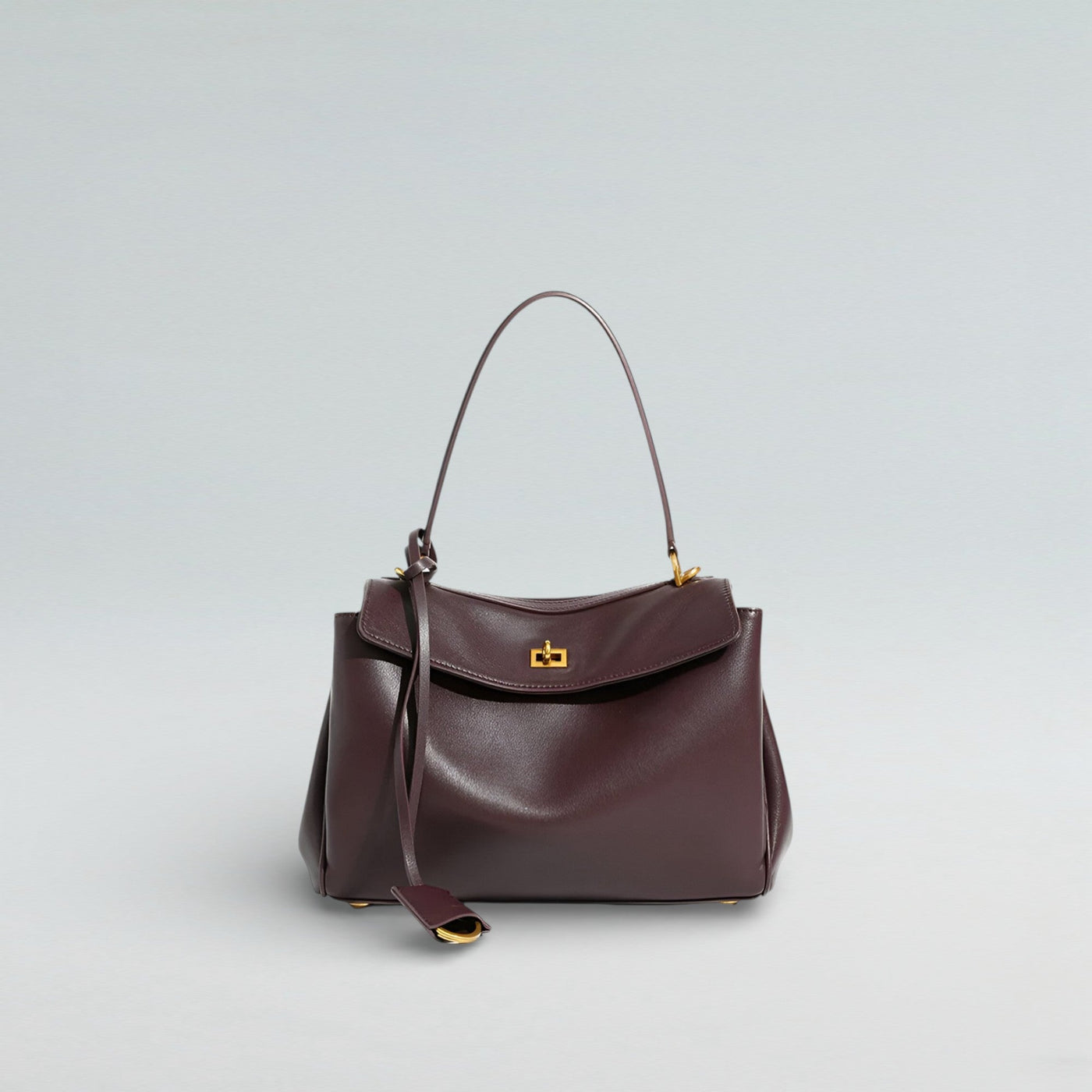 Bagulia Louve Locket Tote Bag in Burgundy Leather with Gold Hardware