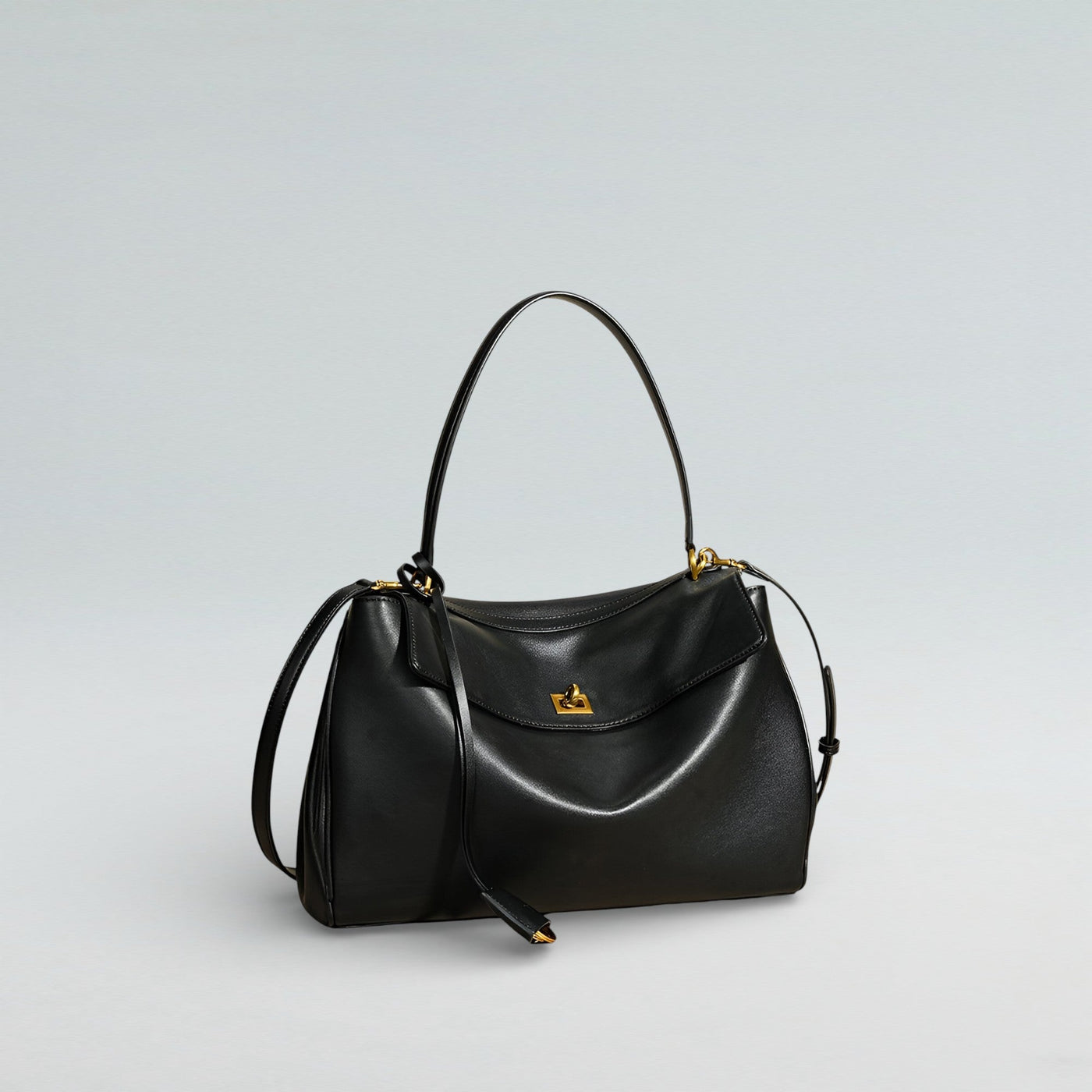 Bagulia Louve Locket Tote Bag in Black Leather with Crossbody Strap