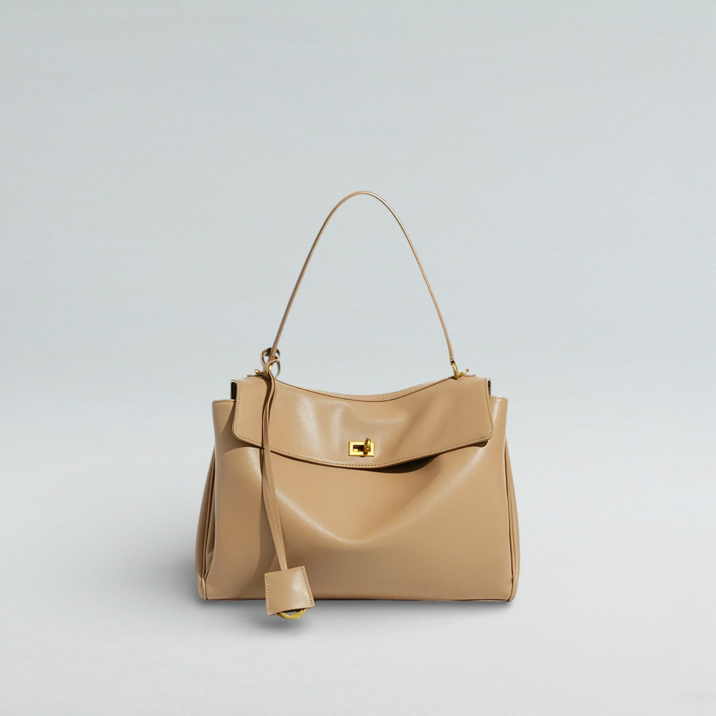 Bagulia Louve Locket Tote Bag in Beige Leather with Gold Hardware
