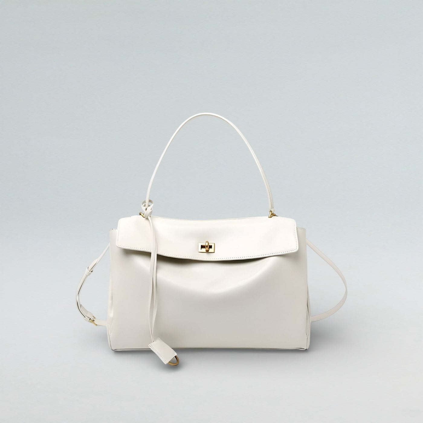 Bagulia Louve Locket Tote Bag in White Leather with Gold Hardware